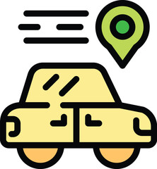 Poster - Simple colorful icon of a yellow car moving fast towards a location pin, perfect for representing concepts like navigation and ridesharing