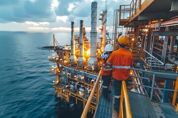 Workers observing an oil platform at sunset over the ocean, focusing on safety and operations in the energy sector