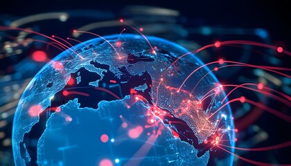 Leinwandbilder - A digital globe visualization showcasing interconnected networks with vibrant lines and glowing nodes, representing global connectivity and data flow.