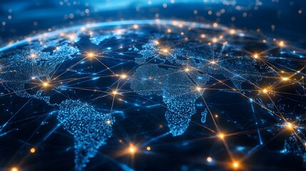 Leinwandbilder - A glowing, digital representation of Earth showcasing interconnected networks and glowing nodes across continents against a dark backdrop.
