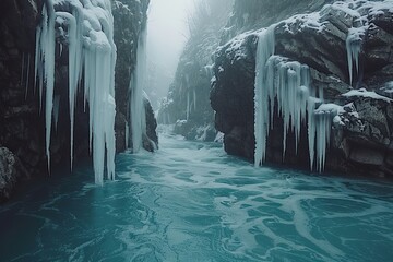 Stunning winter landscape featuring icy formations and vibrant blue water flowing through a narrow canyon in a foggy atmosphere