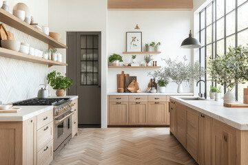 Wall Mural - A modern kitchen featuring wooden cabinets, stylish countertop, and abundant greenery. open space is brightened by large windows, creating warm and inviting atmosphere