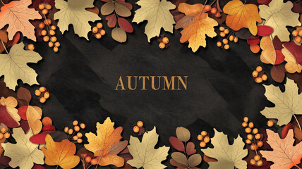 A rustic dark autumn background with maple, oak, and berries.