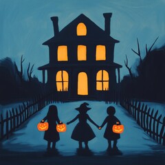 Three children holding pumpkin lanterns in front of a spooky house at night.