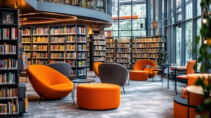 Wall Mural - Modern Library Interior with Cozy Seating Arrangements