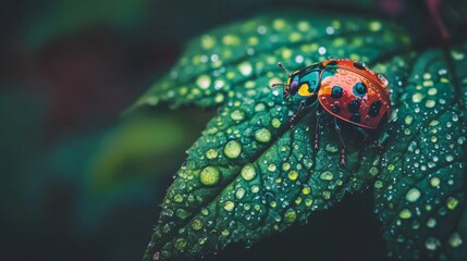 Poster - Colorful Beetle on Leaf with Water Drops