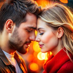 Close-up of romantic couple with foreheads touching, expressing love and tenderness