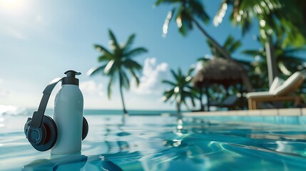 Wall Mural - a shampoo bottle and virtual reality headgear by a tropical pool