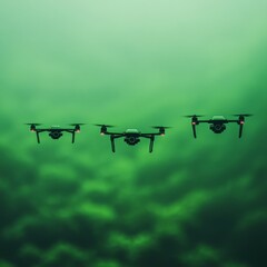 Three drones flying underwater in a greenish environment.