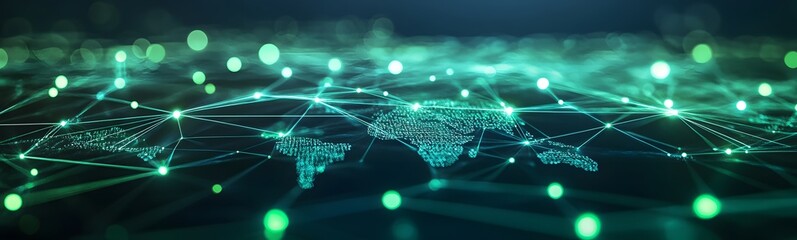 Poster - A digital representation of a network connecting points across a globe, illuminated in green tones, symbolizing data flow and connectivity.