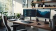 © aubriella - A modern home office with dual monitors, Productive workspace scene, Professional style