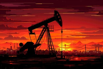 Oil pumpjack silhouetted against a vibrant sunset with city skyline in the background, capturing an industrial landscape at dusk