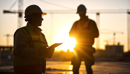 Engineer and construction team silhouettes working at the site over a blurred background