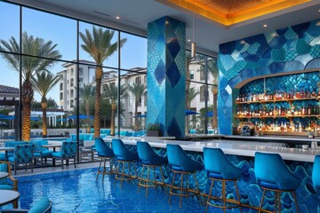 Stylish bar interior featuring blue decor and palm trees in a vibrant setting on a sunny afternoon