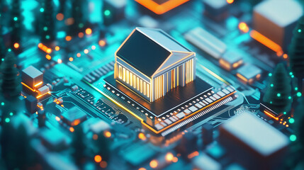 A 3D model of a bank building is placed on a circuit board, glowing with neon lights.