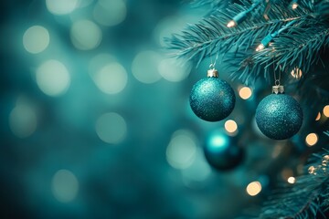 Festive Christmas background. Sparkling balls on the Christmas tree, blurred bokeh lights. 