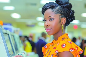 Young woman in vibrant attire showcasing style at a crowded marketplace during daytime