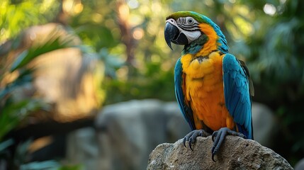 Vibrant Blue and Gold Macaw Perched on Rock in Tropical Setting