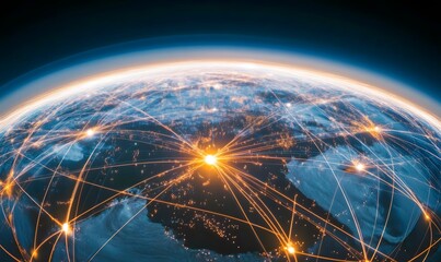 Leinwandbilder - A stunning view of Earth from space, showcasing illuminated cities and intricate networks of connections across continents, symbolizing global connectivity.