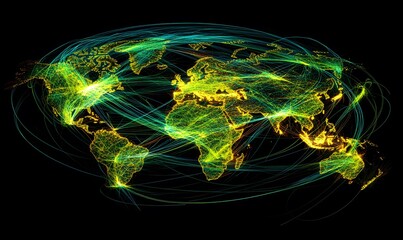 Leinwandbilder - A vibrant, interconnected visualization of the world, showcasing dynamic connections and networks across continents in bright colors.
