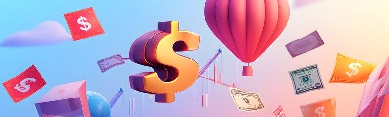 Poster - A colorful illustration featuring a large dollar sign and various currency notes floating around a hot air balloon against a vibrant sky.