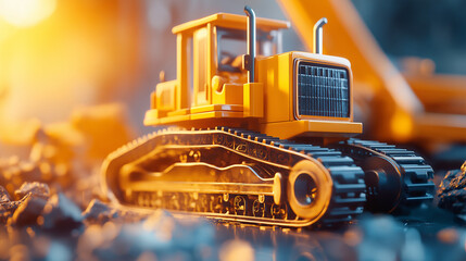 A close-up of a yellow bulldozer on a construction site. The bulldozer is sitting on a pile of rocks.