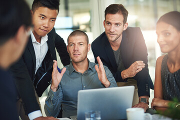 Poster - Team, advice and man at laptop with manager, opinion and feedback discussion on sales report. Leadership, development and group of business people in office with support, strategy plan and mentorship