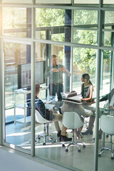 Aufkleber - Business, people and tech in office for presentation, productivity report or feedback chart. Man speaker, investors or workshop in boardroom for company growth, profit returns review or funding pitch