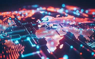 Poster - A vibrant digital map visualization highlighting global connectivity through neon lights and data overlays.