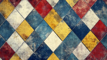 Aufkleber - Vintage Mosaic. Grunge Diamond Tile Pattern in Retro Colors