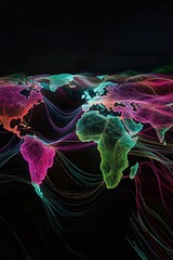 Leinwandbilder - A vibrant, digital world map displaying colorful, flowing lines representing global connections and data movement across continents.