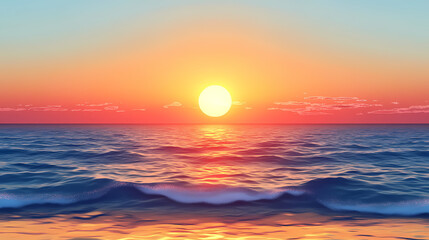 Wall Mural - Illustration of the sunset or sunrise over sea or ocean water and sand beach isolated on transparent background. horizon sky travel. Sunset Over Horizon. Illustration