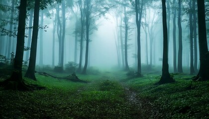 Wall Mural - Fog In Spooky Forest, serene forest landscape, Atmospheric fantasy forest - generative ai