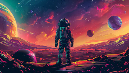 Wall Mural - an alien planet landscape with space, floating islands and planets