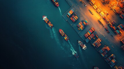 Wall Mural - Aerial View of Cargo Ships and Container Yard at Night