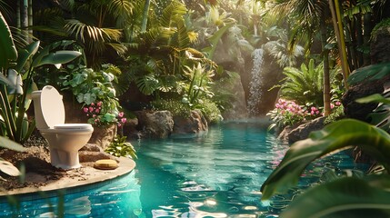 Wall Mural - a streaming gadget and a toilet brush relaxing next to a tropical jungle pool