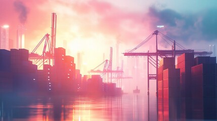 Poster - Industrial Landscape at Dusk with Cargo Containers