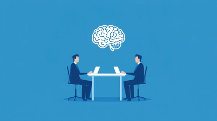 Two businessmen sit at a table with a brain symbol above them, symbolizing collaboration and brainstorming.