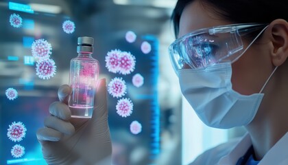 A healthcare professional examines a vial containing a vaccine, surrounded by digital representations of viruses in a laboratory setting.