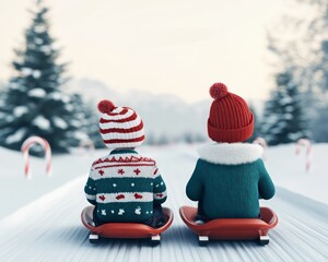 Two children sledding in a snowy landscape, enjoying winter festivities.