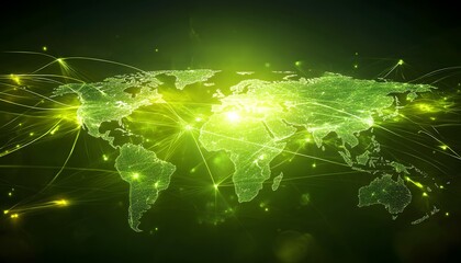 Leinwandbilder - A glowing green world map with illuminated connections, representing global networking and digital communication.