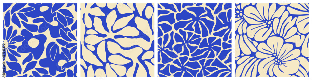 Abstract blue flower art seamless pattern set. Trendy contemporary ...