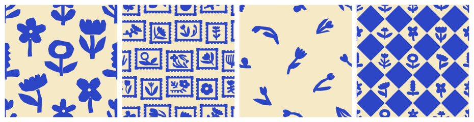 Poster - Abstract blue flower art seamless pattern set. Trendy contemporary floral nature shape background illustration. Natural organic plant leaves artwork wallpaper print collection. Vintage spring texture.