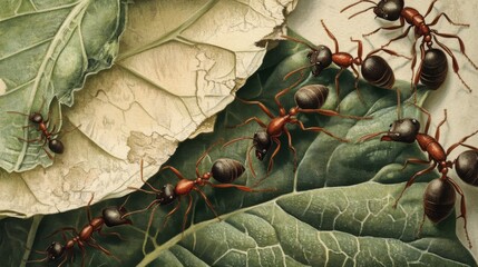 Poster - Ants Crawling on Lush Green Leaves