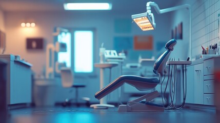 Blurred dentist office interior with empty chair, dental instruments, modern clinic room, professional healthcare setting, oral care equipment