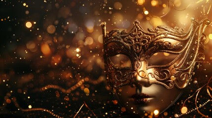 Venetian mask on dark-golden bokeh background. New year and christmas party celebration design banner.