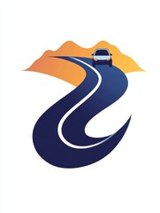 Poster - A small, simple car drives on a twisting road surrounded by mountains and a sunset, highlighting the beauty of open travel. Generative AI