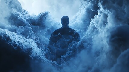 Poster - A mystical encounter the transformation of a misty figure through ethereal clouds and shifting forms in a dreamlike landscape