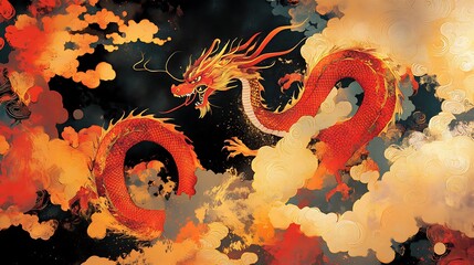 Rich Chinese art design with dragons and clouds in red and gold on a vibrant background