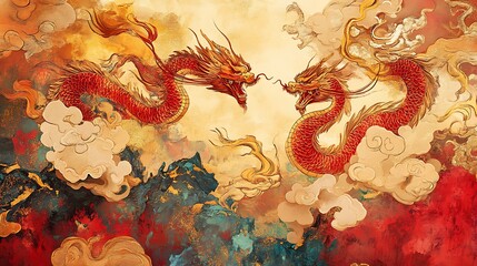 Rich Chinese art design with dragons and clouds in red and gold on a vibrant background